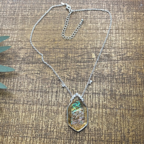 Vintage Iridescent Pendant Necklace/ Silver Chain and Yellow Gold Tone Pendant - Picture 4 of 7